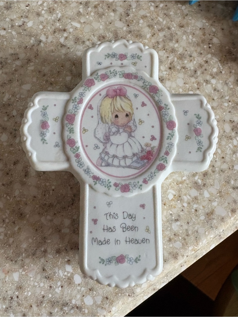 Precious Moments White and Pink Floral Cross Keepsake